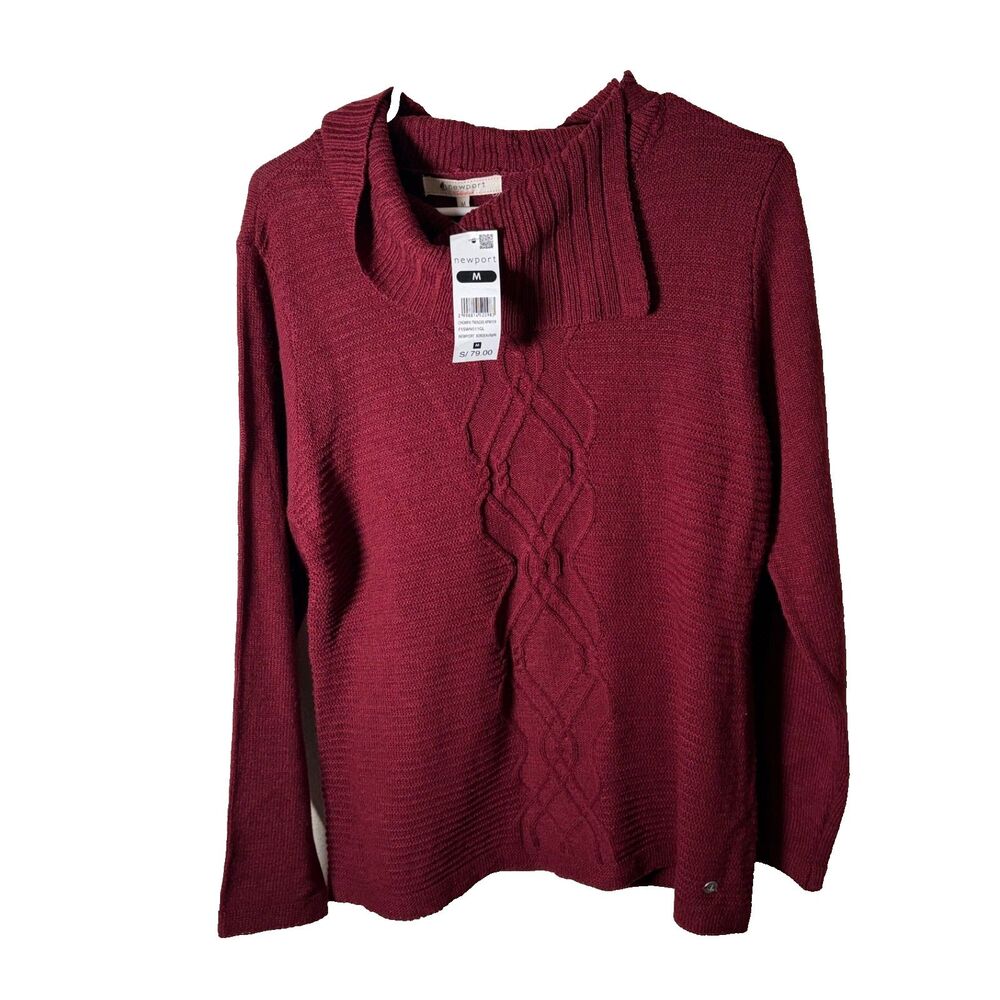 Newport Sweater Women's Medium Red Cable Knit Cowl Pullover Asymmetrical
